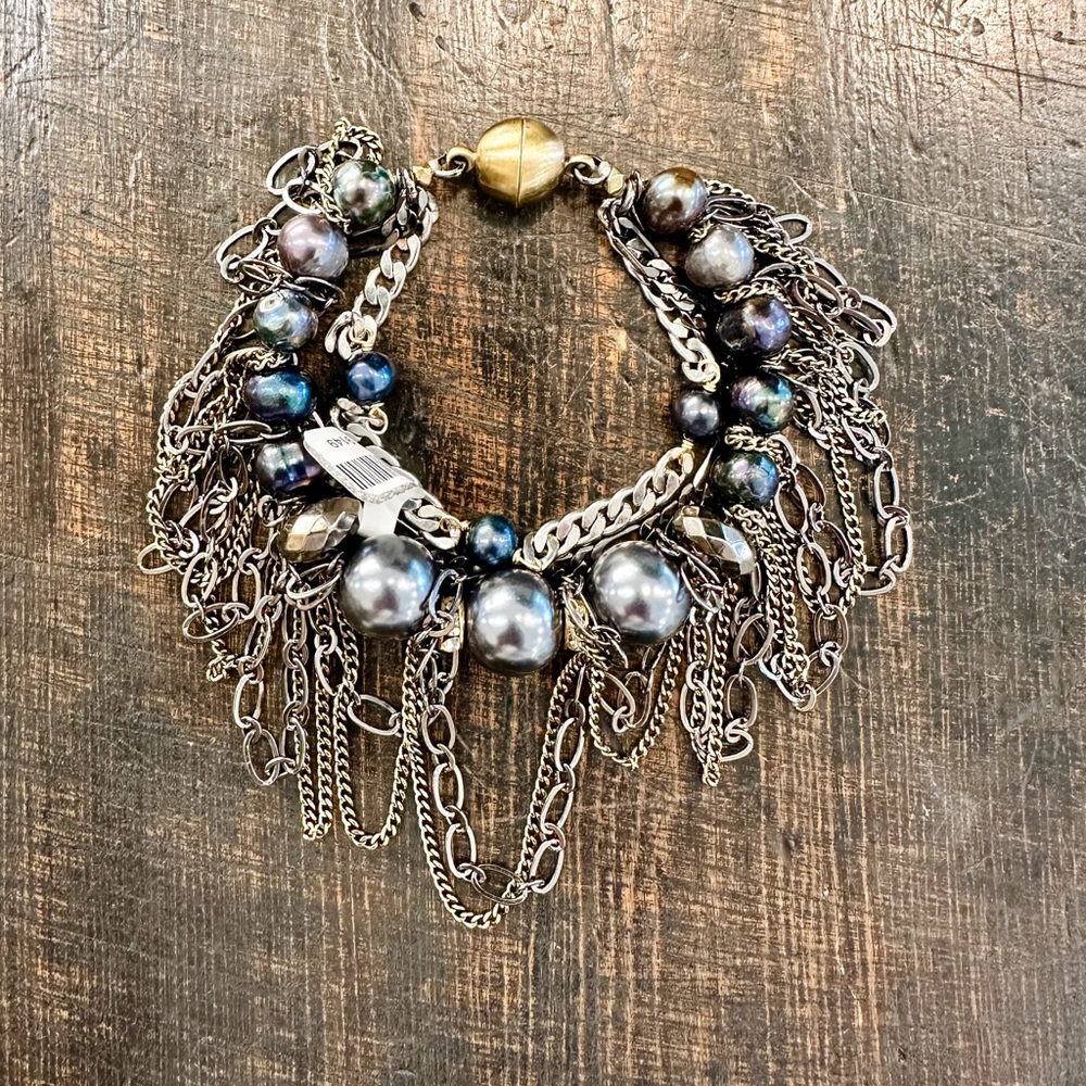 NWT Edgy Silver & Gold Chain with freshwater pearls Bracelet